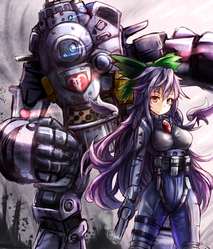 1girl, alternate_costume, atlas_(titanfall), belt, bodysuit, bow, breasts, crossover