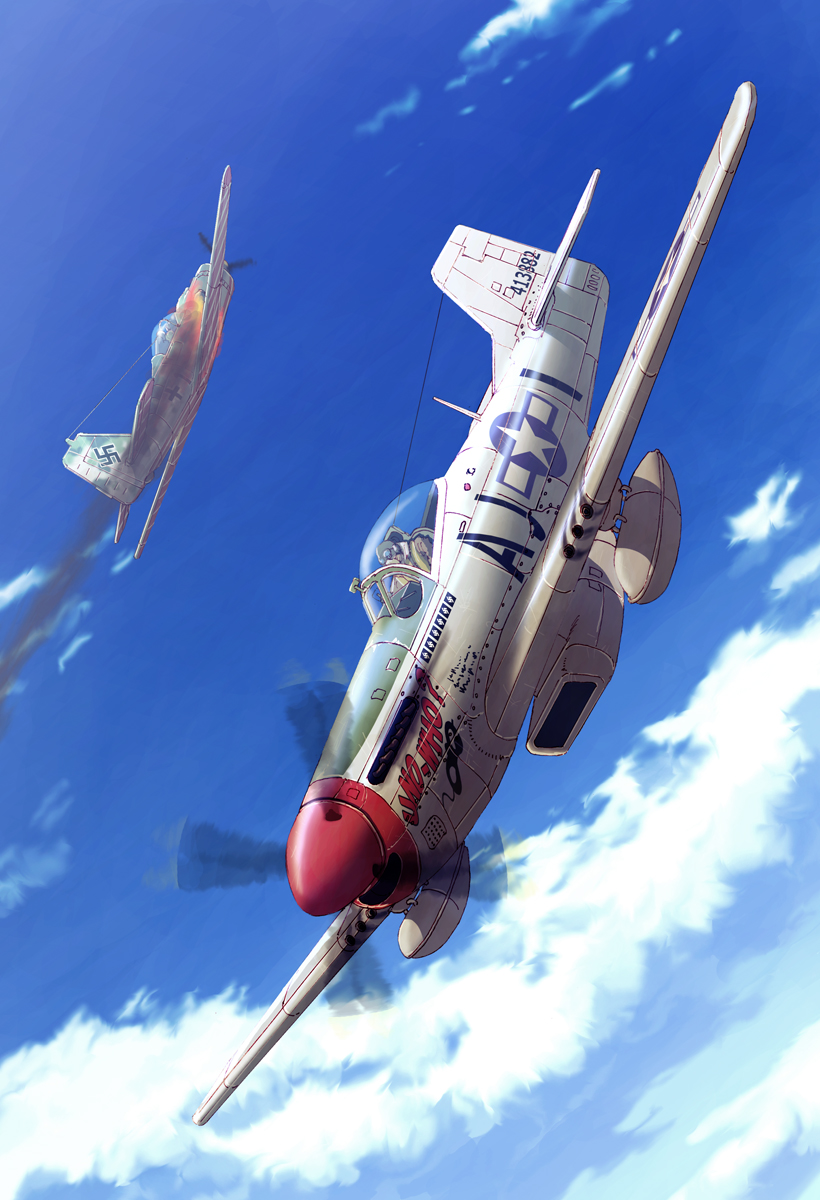 2boys, aerial_battle, battle, clouds, damaged, dogfight, earasensha, flight_goggles