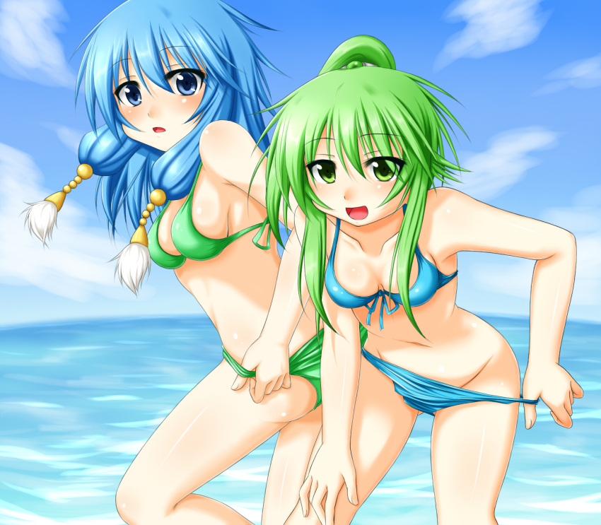 2girls, ass, bangs, bare_shoulders, bikini, bikini_pull, blue_bikini, blue_hair, blush, breasts, cleavage, clouds, duel_monster, eyes_visible_through_hair, green_bikini, green_hair, hand_on_own_thigh, highres, hinagiku-19, long_hair, looking_at_viewer, mound_of_venus, multiple_girls, ocean, open_mouth, payot, ponytail, ritua_erial, sideboob, sky, smile, swimsuit, undressing, water, wynnda_miko_of_the_gusta, yuu-gi-ou