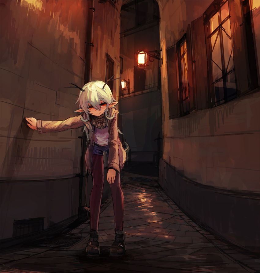1girl, alley, antlers, hand_on_wall, highres, jacket, lantern, long_hair, mary_janes, noconol, orange_eyes, original, pantyhose, pointy_ears, scarf, shirt, shoes, short_jeans, smile, solo, very_long_hair, white_shirt