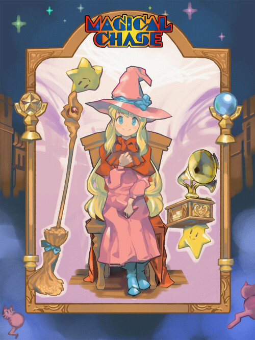 1girl, adovo, blonde_hair, blue_eyes, boots, broom, capelet, chair, hat, magical_chase, phonograph, ripple_(magical_chase), sitting, solo, star, witch, witch_hat