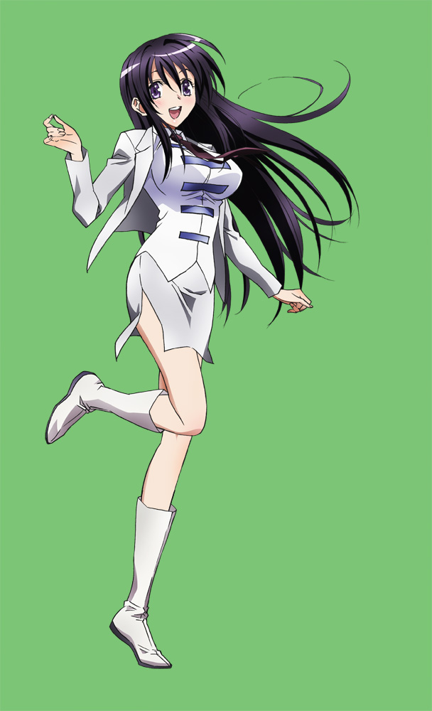 1girl, boots, kenzen_robo_daimidaler, long_hair, necktie, official_art, purple_hair, simple_background