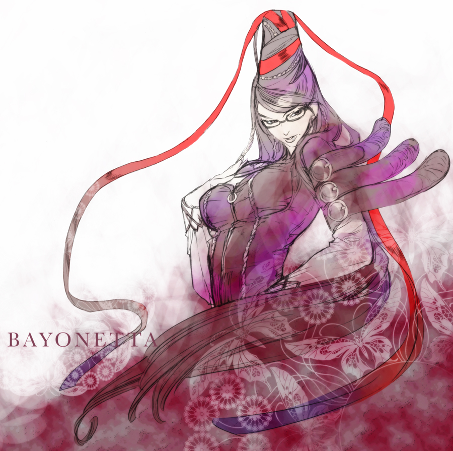 bayonetta, bayonetta_(character), black_hair, glasses, hair_bun, kaeru@nanami, long_hair, mole, red_ribbon, ribbon, very_long_hair