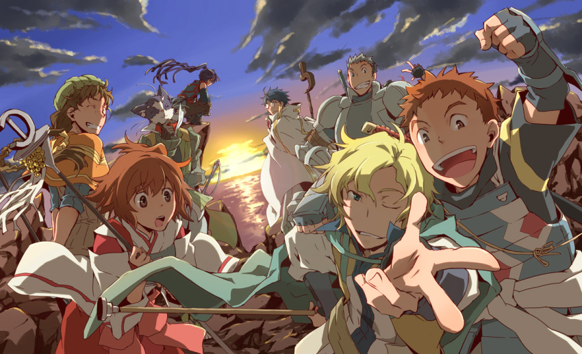 akatsuki_(log_horizon), armor, cape, glasses, isuzu_(log_horizon), japanese_clothes, kou_(sen328), log_horizon, long_hair, lunderhaus_cord, minori_(log_horizon), naotsugu_(log_horizon), nyanta_(log_horizon), ponytail, shiroe, short_hair, smile, staff, sunset, touya_(log_horizon)