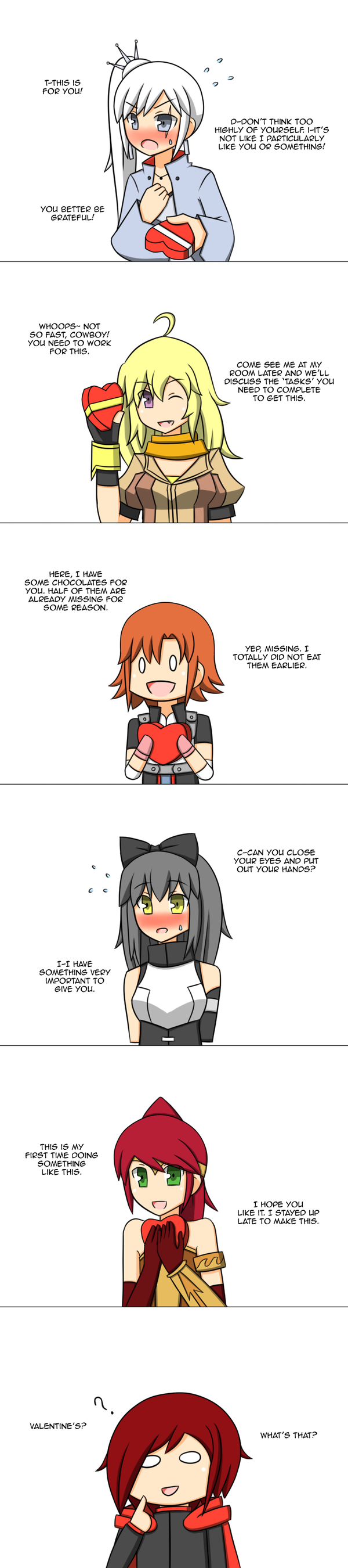 4koma, absurdres, blake_belladonna, comic, english, highres, long_image, lunarisaileron, multiple_girls, redhead, ruby_rose, rwby, tall_image, valentine, weiss_schnee, yang_xiao_long