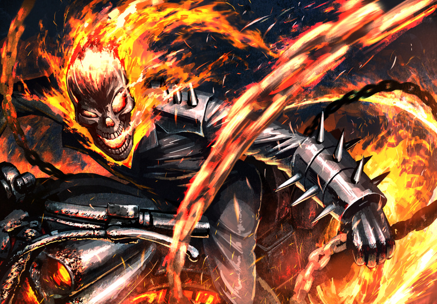 biker_clothes, bracelet, chain, flame, flaming_skull, ghost_rider, gloves, hetza_(hellshock)