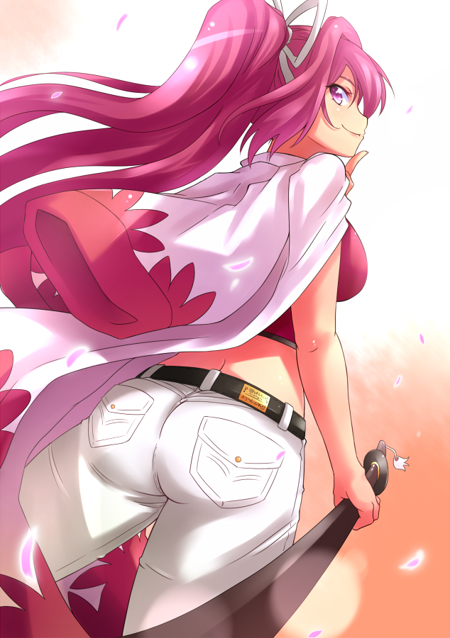 1girl, ass, breasts, cherry_blossoms, katana, kitayama_miuki, long_hair, looking_at_viewer
