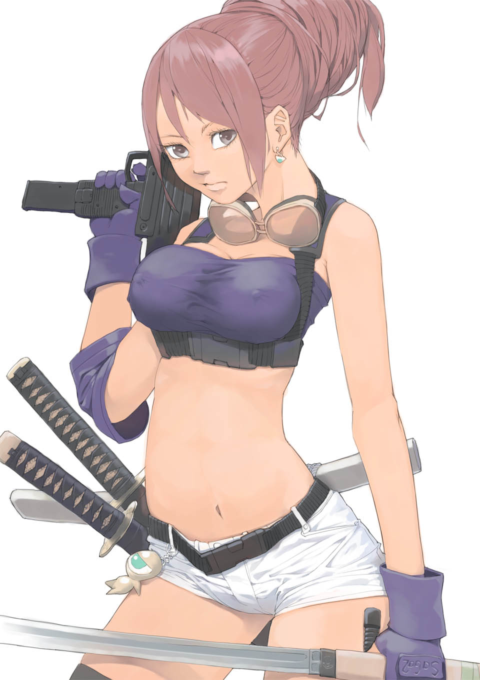 belt, brown_eyes, brown_hair, earrings, erect_nipples, gloves, goggles, goggles_around_neck