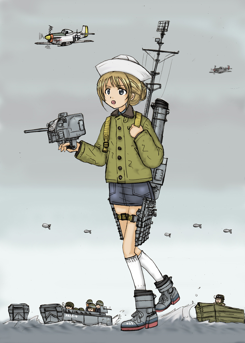 barrage_balloon, boots, ernest, goggles, hat, helmet, highres, historical_event, jacket, landing_craft, m4_sherman, mecha_musume, military, military_uniform, p-51_mustang, ship, socks, uniform, world_war_ii