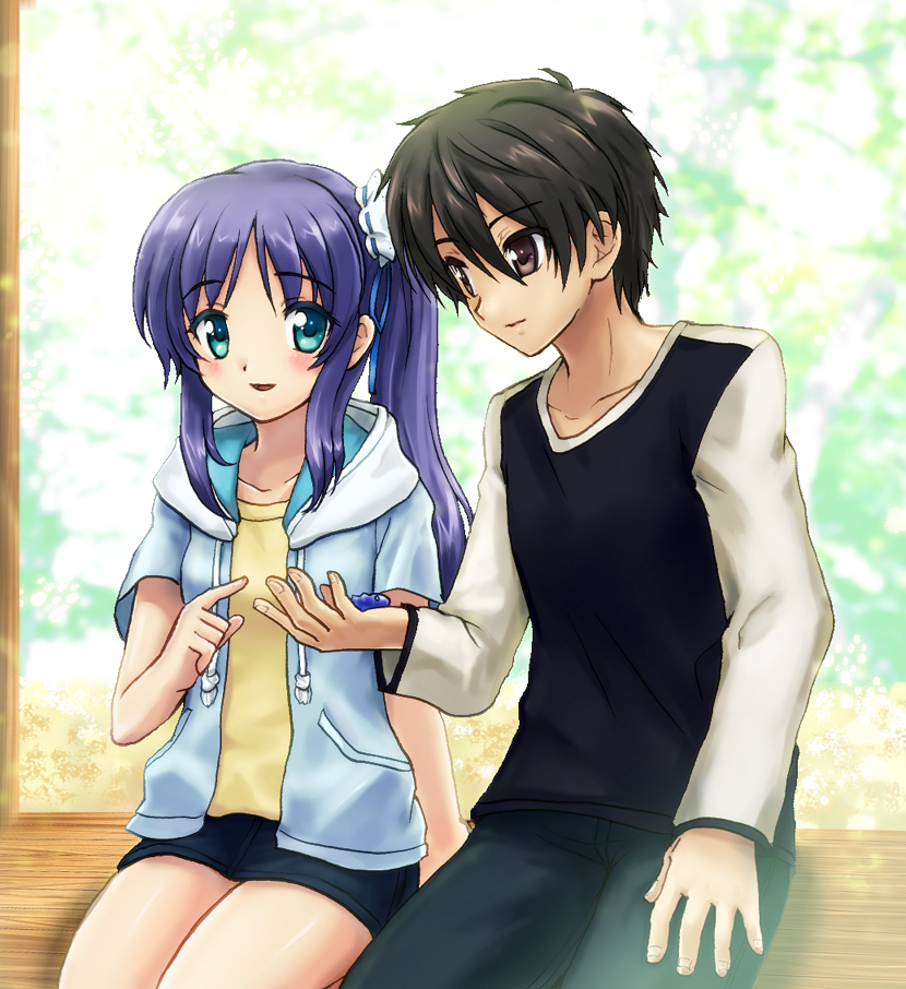 1boy, 1girl, black_hair, blue_eyes, blue_hair, brown_eyes, casual, couple