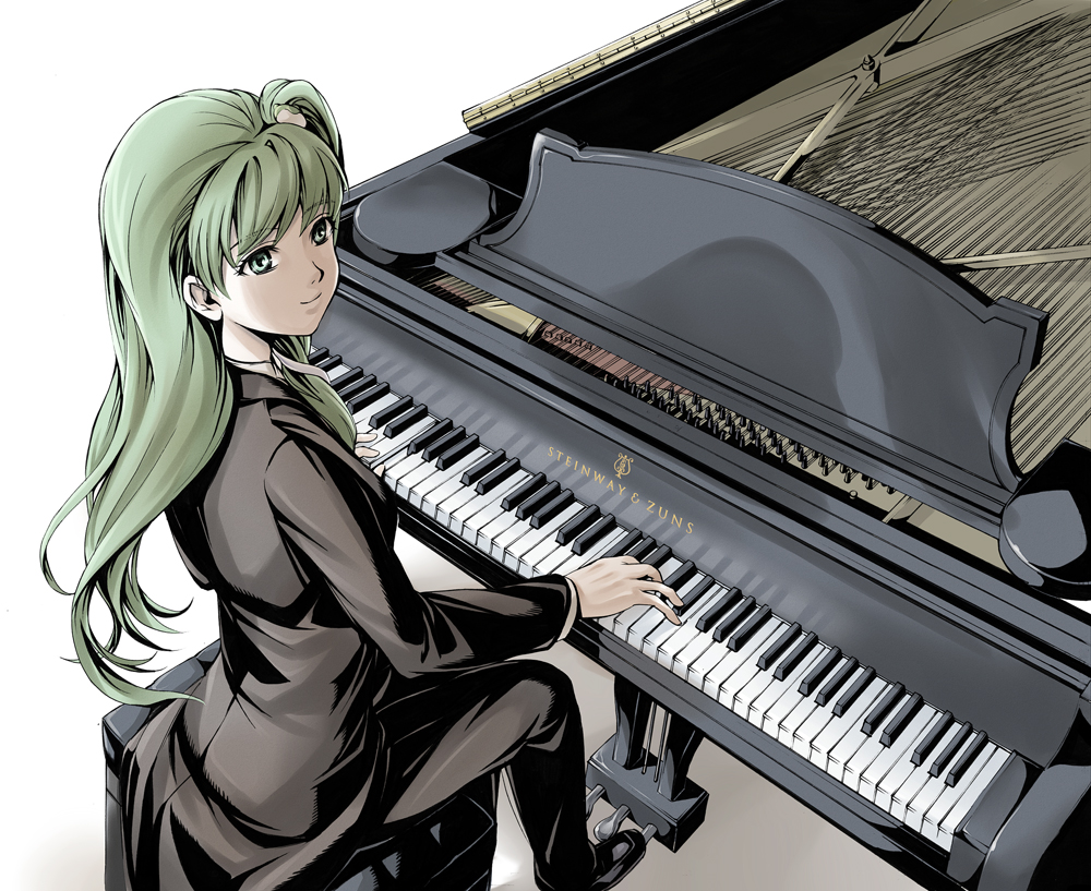 alternate_costume, cover, female, formal, frog, from_above, grand_piano, green_eyes