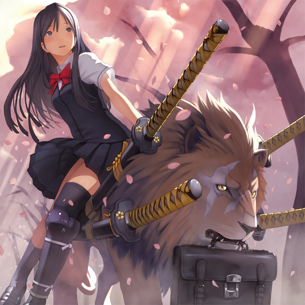 bag, black_eyes, black_hair, bookbag, bow, cherry_blossoms, dress, duplicate, highres, katana, lion, long_hair, mars_(artist), original, scar, school_bag, school_uniform, sheathed, sword, tree