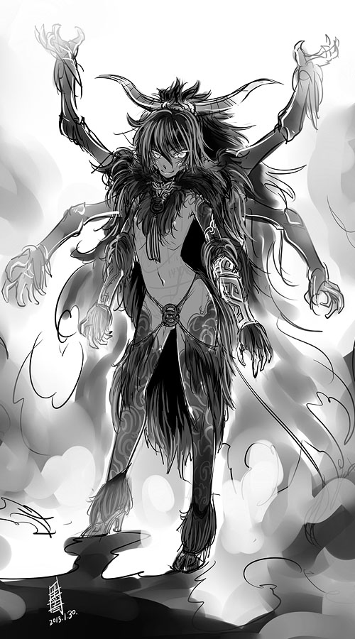 1girl, antaria, chi_you, chinese_mythology, dark_skin, dated, extra_arms, high_heels, horns, long_hair, monochrome, navel, rough, signature, solo, topless, very_long_hair