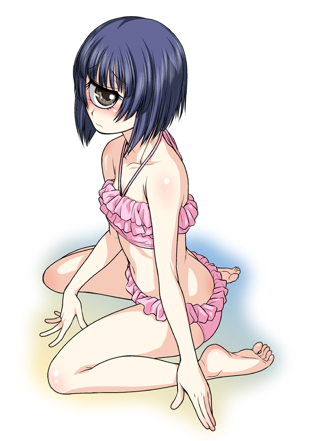 1girl, bare_shoulders, bikini, blue_hair, blush, cyclops, kouda_tomohiro, manako