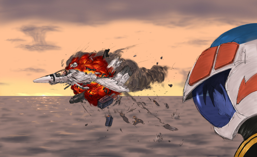 choujikuu_yousai_macross, cloud, cockpit, death, explosion, helmet, ichijo_hikaru, ichijou_hikaru, kakizaki_hayao, macross, macross:_do_you_remember_love?, macross_dyrl, mecha, ocean, spoilers, sunrise, vf-1, vf-1a, war