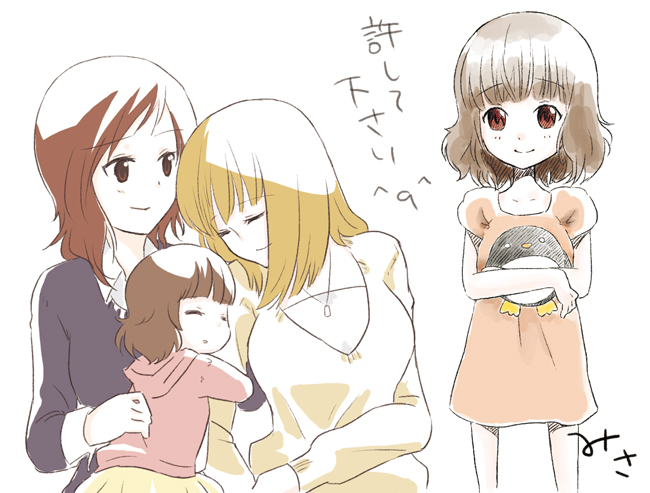 blonde_hair, brown_eyes, brown_hair, child, closed_eyes, dress, etopen, fukuji_mihoko