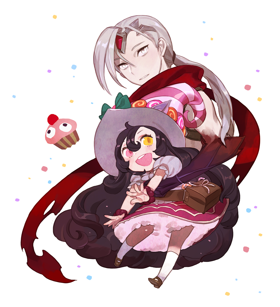 1boy, 1girl, alternate_costume, alternate_eye_color, bag, black_hair, blush, grey_eyes