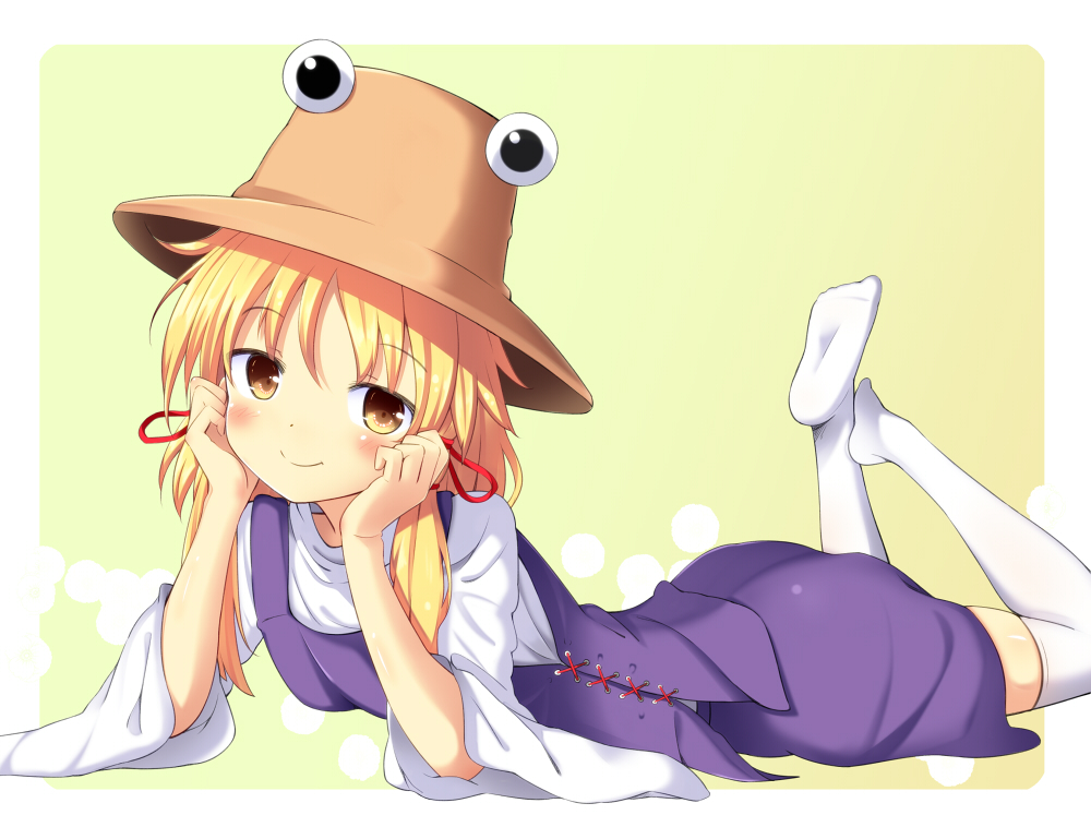 1girl, blonde_hair, blush, hair_ribbon, hat, head_rest, legs_back, legs_folded