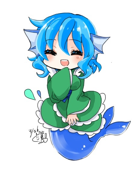 1girl, amatou_(uot_ama), blue_hair, chibi, dated, hands_in_sleeves, head_fins, japanese_clothes, kimono, mermaid, monster_girl, open_mouth, raised_hand, short_hair, signature, simple_background, solo, squinting, touhou, wakasagihime, water_droplets, white_background