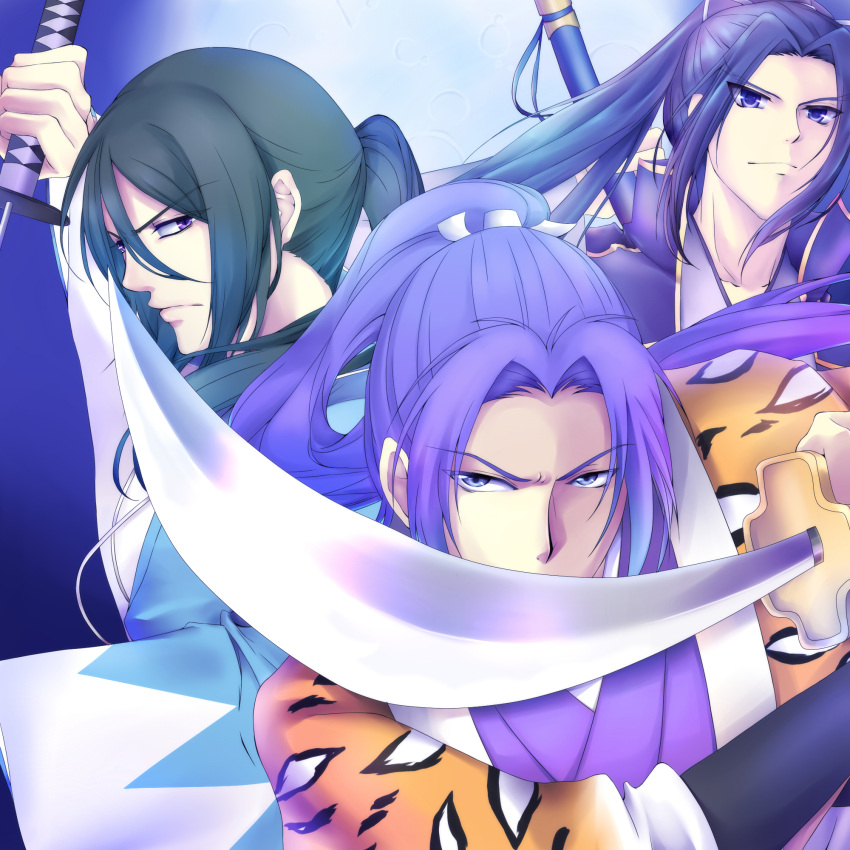 3boys, assassin_(fate/stay_night), black_hair, blue_hair, crossover, fate/stay_night, fate_(series), hakuouki_shinsengumi_kitan, harukanaru_toki_no_naka_de, highres, hijikata_toshizou_(hakuouki), katana, long_hair, luluyama, miki_shin'ichirou, minamoto_no_yorihisa, multiple_boys, multiple_crossover, ponytail, purple_hair, samurai, seiyuu_connection, sword, weapon