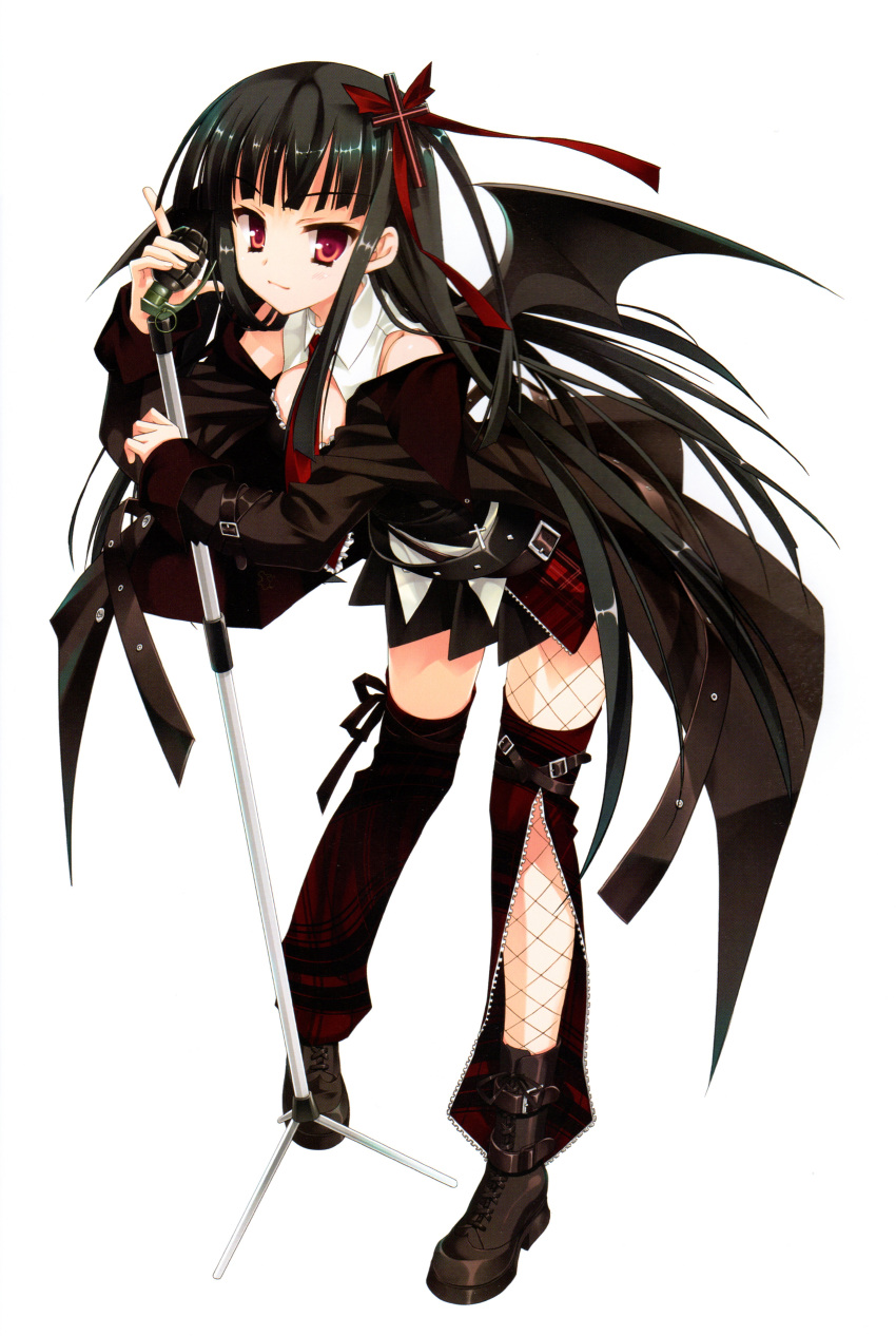 1girl, absurdres, asymmetrical_legwear, belt, black_hair, coat, cross_hair_ornament, demon_wings