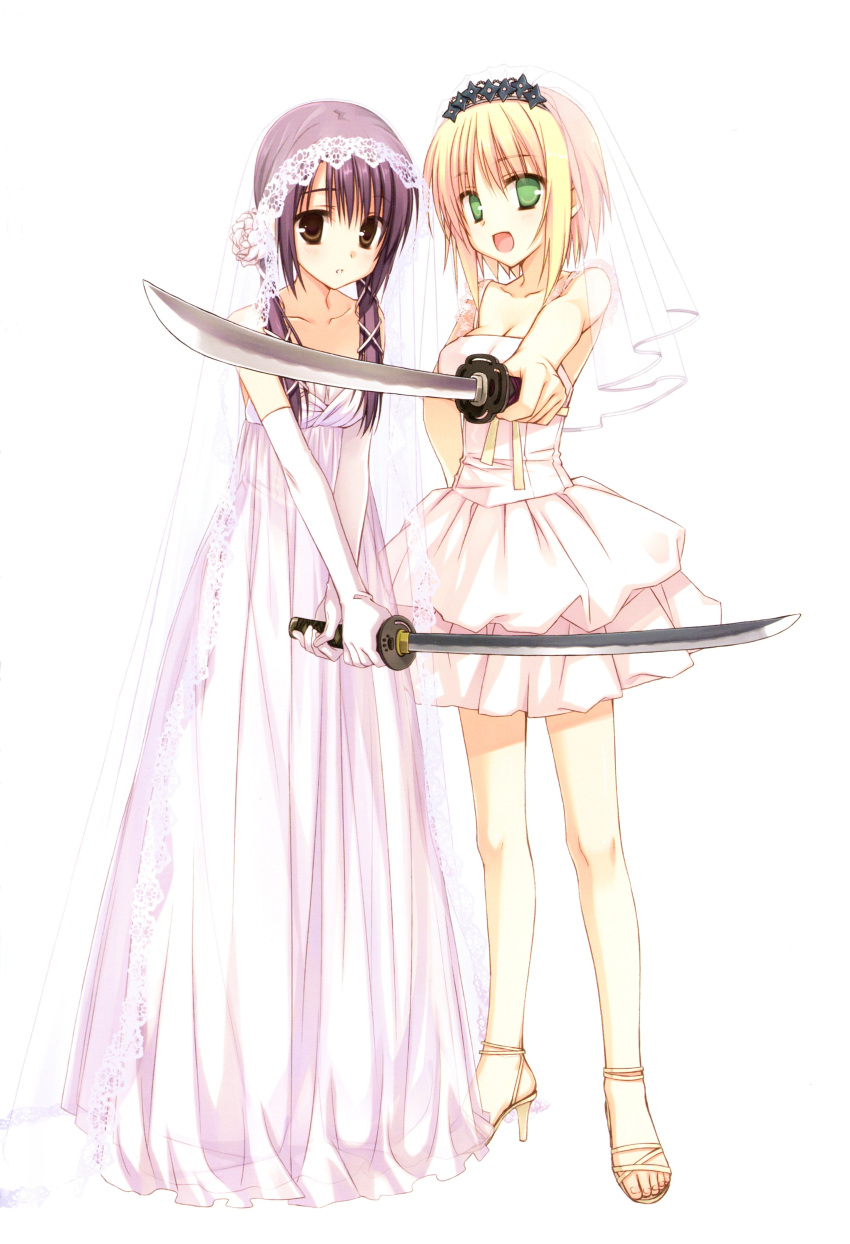 2girls, absurdres, blonde_hair, breasts, bridal_veil, cleavage, dress, elbow_gloves