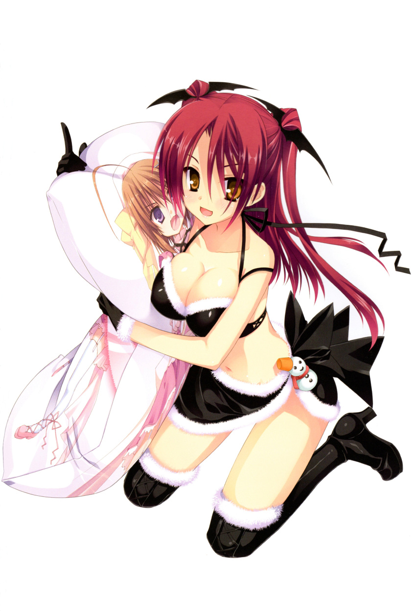 2girls, :d, absurdres, bikini_top, black_gloves, black_legwear, boots, breasts, brown_hair, cleavage, d:, dakimakura_(object), fur_trim, gloves, halterneck, haruna_(kore_wa_zombie_desu_ka?), hat, highres, hug, kneeling, kobuichi, kore_wa_zombie_desu_ka?, miniskirt, multiple_girls, muririn, naegleria_nebiros, open_mouth, pillow, redhead, skirt, smile, snowman, thigh_boots, thighhighs, twintails, violet_eyes, yellow_eyes