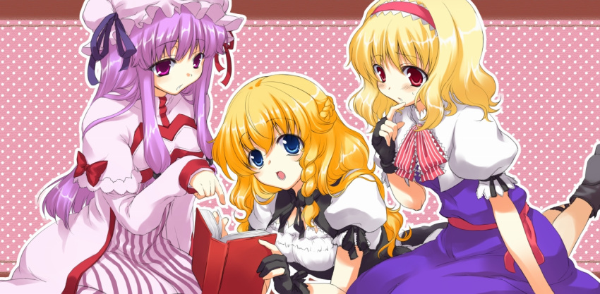 alice_margatroid, blonde_hair, blue_eyes, book, braid, fingerless_gloves, gloves, hairband