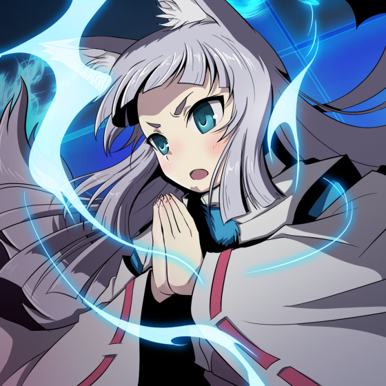1girl, animal_ears, blue_eyes, blush, fox_ears, fox_tail, glowing, hands_together