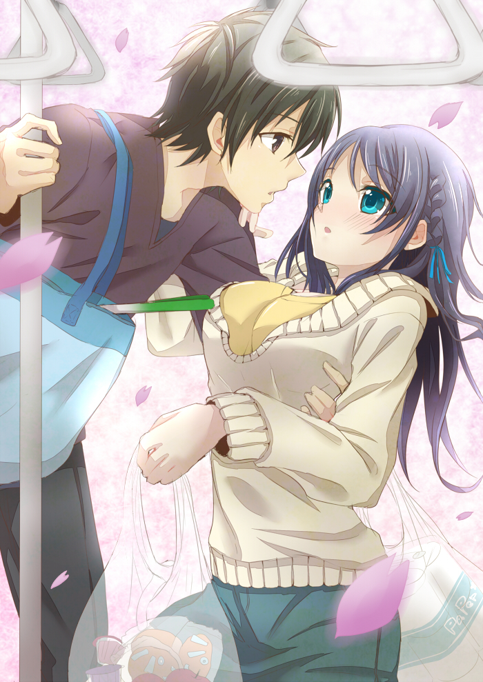 1boy, 1girl, bag, black_eyes, black_hair, blue_eyes, blue_hair, cherry_blossoms