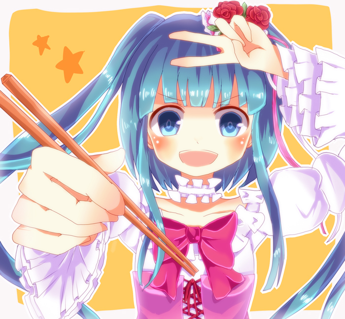 >:d, 1girl, :d, blue_eyes, blue_hair, bow, choker, chopsticks