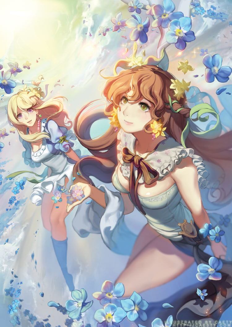 2girls, blonde_hair, breasts, brown_hair, caesty, capelet, cleavage, copyright_request