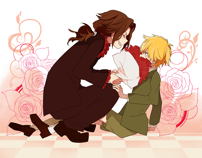 1boy, 1girl, 4_(nakajima4423), baccano!, blonde_hair, bouquet, brown_hair, christopher_shouldered