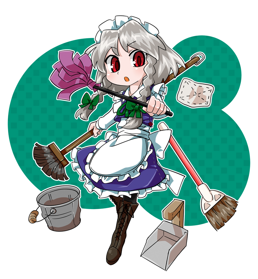 1girl, apron, boots, bow, braid, broom, bucket, byourou