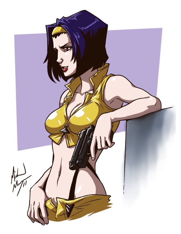 1girl, breasts, bust, cleavage, cowboy_bebop, crop_top, faye_valentine, glock