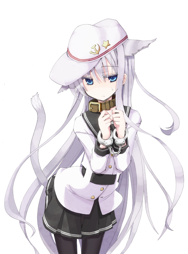 1girl, animal_ears, black_legwear, blue_eyes, blush, cat_ears, cat_tail, collar