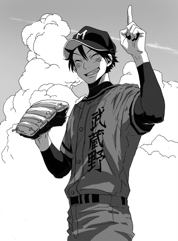 1boy, ^_^, ball, baseball_cap, baseball_mitt, baseball_uniform, belt, black_hair