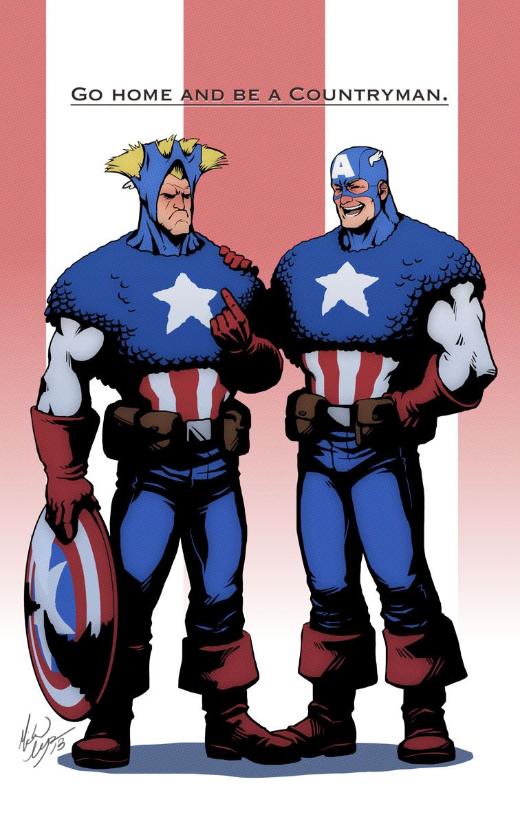 2boys, big_hair, blonde_hair, captain_america, captain_america_(cosplay), crossover, frown, guile