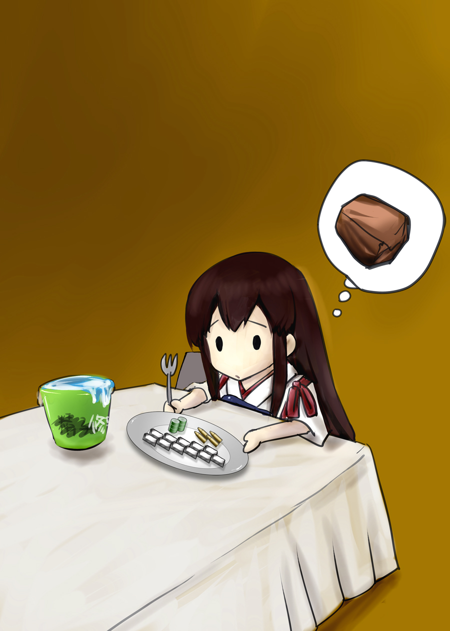 1girl, 2_fuel_4_ammo_11_steel, akagi_(kantai_collection), bauxite, brown_hair, bucket, fine_art_parody, fork