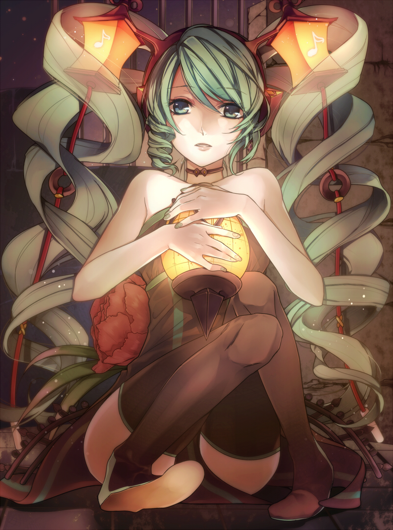 1girl, boots, choker, green_eyes, green_hair, hatsune_miku, lamp_miku, lantern