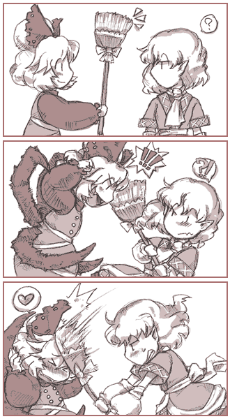 !?, >_<, 2girls, ?, arm_warmers, blush, bow, broom, buranantoka, comic, fangs, heart, kurodani_yamame, masochism, mizuhashi_parsee, monochrome, monster_girl, multiple_girls, pointy_ears, purple, scarf, short_hair, silent_comic, spider_girl, spoken_heart, touhou