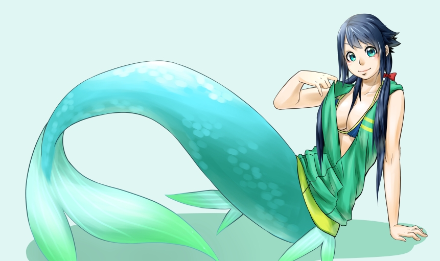 1girl, arm_support, breasts, fukami_nana, long_hair, mermaid, monster_girl, nawoto_oota