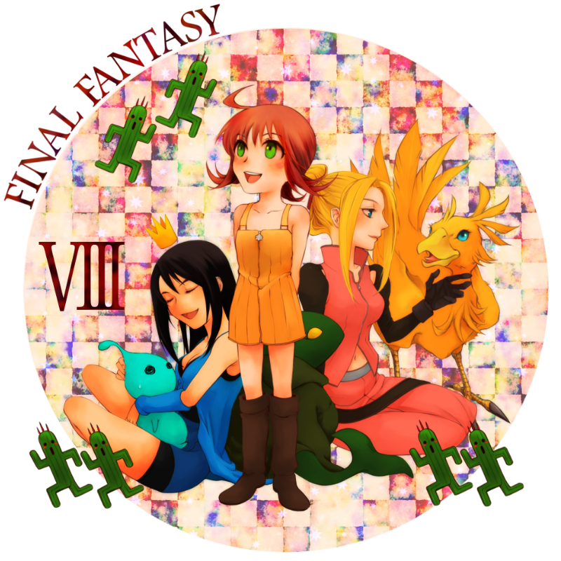3girls, :d, black_hair, blonde_hair, blue_eyes, brown_hair, chocobo, closed_eyes, copyright_name, d-maker, final_fantasy, final_fantasy_viii, green_eyes, multiple_girls, open_mouth, pupu_(ff8), quistis_trepe, rinoa_heartilly, sabotender, selphie_tilmitt, smile, tonberry