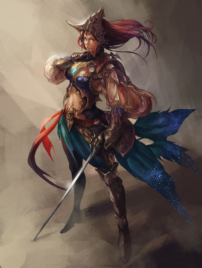 1girl, armor, blue_eyes, fuji_q, gauntlets, hat, long_hair, original, rapier, redhead, solo, sword, weapon