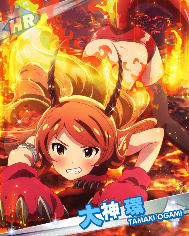 character_name, devil, fierce, fire, gloves, horns, idolmaster, idolmaster_million_live!, long_hair, oogami_tamaki, orange_hair, red_eyes