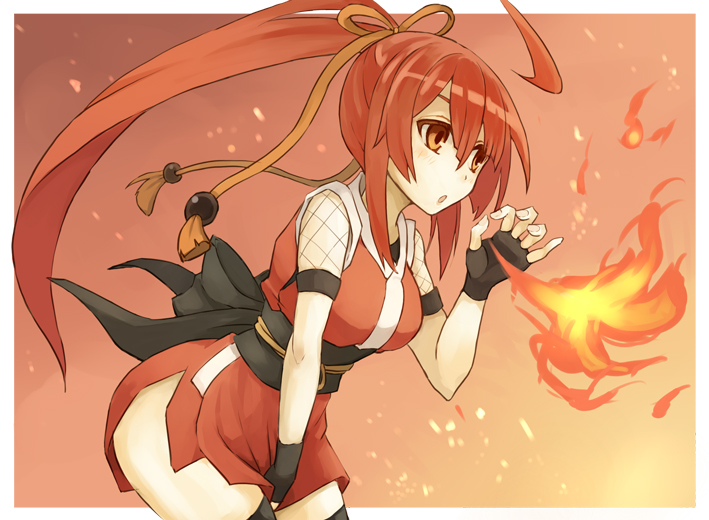 1girl, :o, black_legwear, blush, border, bow, breathing_fire, fingerless_gloves