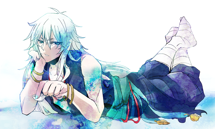 1boy, antama, blue_eyes, bracelet, jewelry, long_hair, lying, male, nagi_no_asukara, on_stomach, saucer, silver_hair, uroko-sama