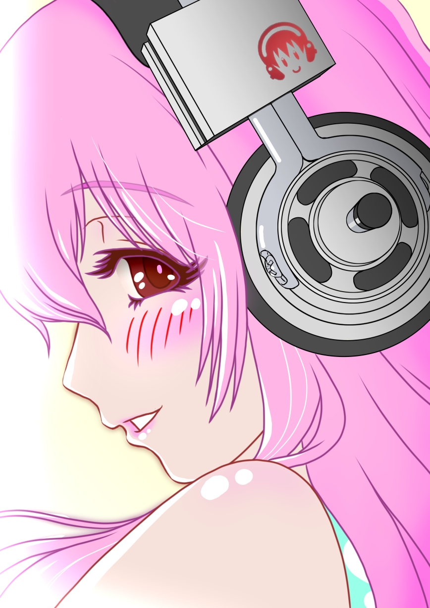 1girl, blush, headphones, highres, long_hair, looking_at_viewer, looking_back, nitroplus