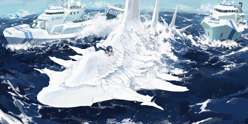 1girl, black_hair, mechanical_parts, mermaid_costume, monofin, monster, ocean, original