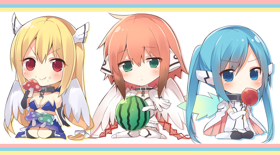 3girls, astraea, blonde_hair, blue_eyes, blue_hair, breasts, brown_hair, chibi, cleavage, collar, food, green_eyes, ikaros, long_hair, mishima_kurone, multiple_girls, nymph_(sora_no_otoshimono), red_eyes, sora_no_otoshimono, twintails, wings